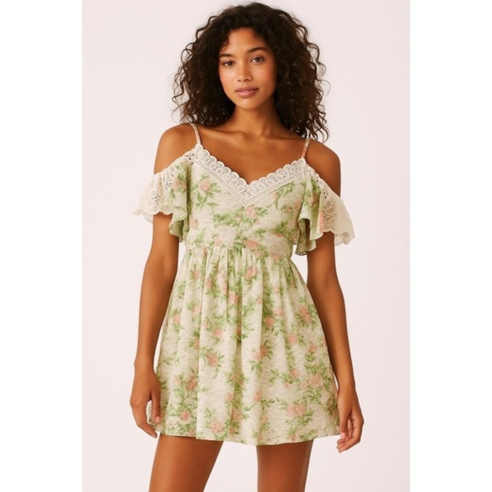 Disney Floral Cold-Shoulder Mini Dress in Cream and Green with Pink Accents